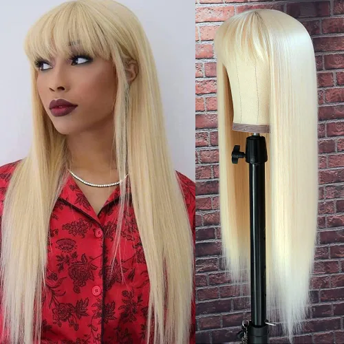 Vista 24 de QD-Tizer Pelucas sintéticas de color rubio ceniza con flequillo, pelucas de cabello largo y lacio, sin pegamento, pelucas sintéticas sin encaje