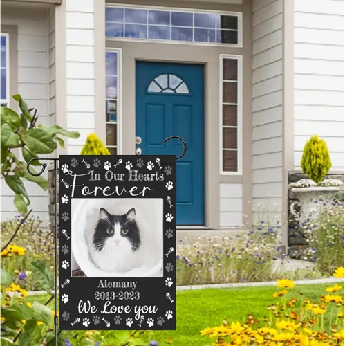 Vista 3 de Bandera conmemorativa personalizada, banderas de jardín personalizadas para mascotas y gatos, en memoria amorosa con nombre y foto, fecha para patio