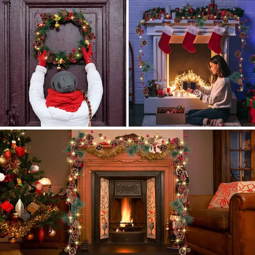 Vista 6 de Guirnalda de Navidad artificial con luces, funciona con pilas, guirnalda preiluminada de 6.56 pies con 20 luces LED, bayas rojas, piñas de pino