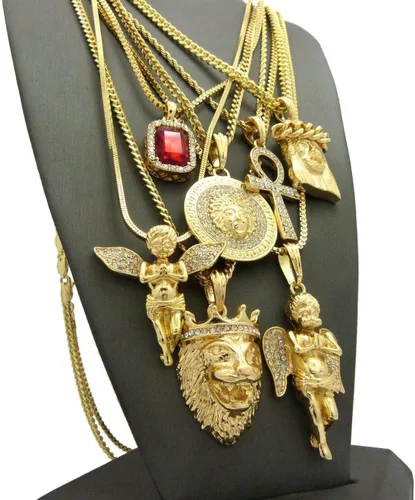 Vista 6 de Juego de collar y colgante de león helado, Jesús, Dios griego, cruz de Anj, ángel, rubí rojo
