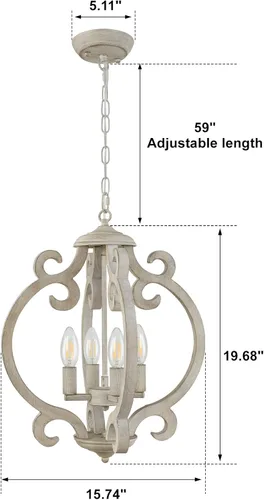 Vista 5 de Candelabro de Granja de 4 Luces, Candelabro de Madera Rústica Orbe Desgastado Lámpara Colgante de Estilo Campestre Francés Lámparas de Techo