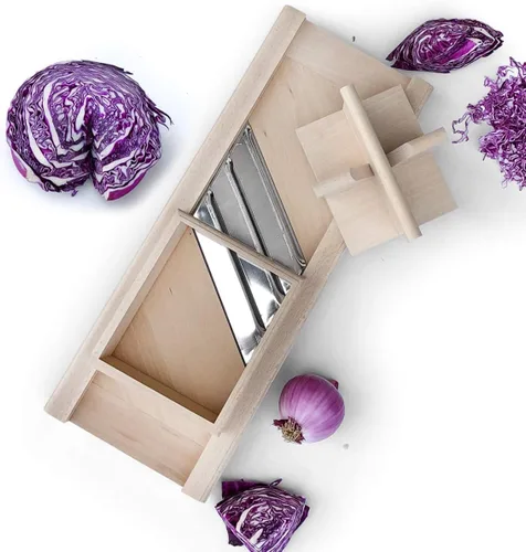 Vista 7 de Trituradora de repollo tradicional de madera con protector de mano para chucrut y ensalada de col finamente cortados - Calidad de reliquia