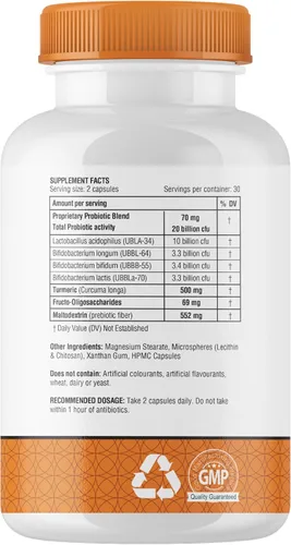 Vista 2 de obel Suplemento probiótico y prebiótico con cúrcuma 20 mil millones de UFC 60 cápsulas (suministro para 30 días) 4 cepas Apoya la digestión