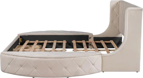 Vista 6 de Cama de plataforma tapizada tamaño Queen, muebles de dormitorio, marco de cama de madera de pino con cajón, taburetes de almacenamiento laterales