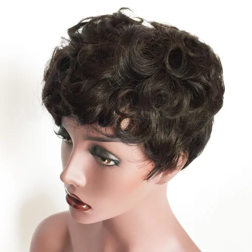 Vista 5 de Peluca de cabello humano con corte Pixie, pelucas cortas rizadas naturales para mujeres negras, pelucas de cabello humano corto marrón natural de 4