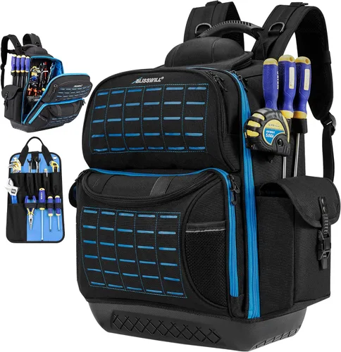 Vista 8 de BLISSWILL Mochila de herramientas para hombres, mochila de herramientas resistente con base moldeada impermeable, 62 bolsillos/40 bucles bolsas