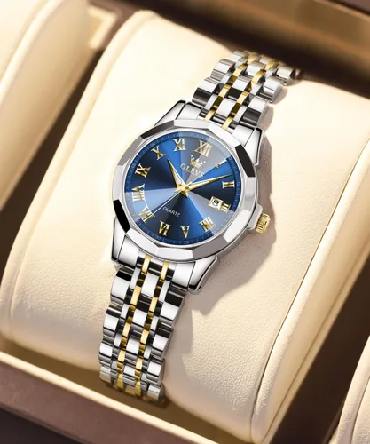 Vista 4 de OLEVS Reloj de pulsera para mujer, elegante, con diamantes, analógico, de cuarzo, de dos tonos, de acero inoxidable, impermeable, luminoso, regalo