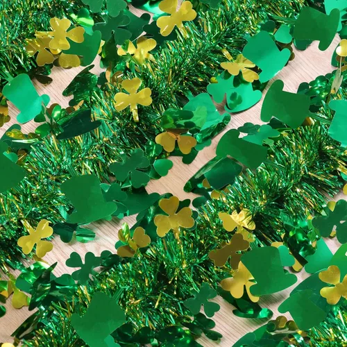 Vista 3 de Yuubin Decoración de guirnalda del día de San Patricio, guirnaldas de oropel de oro verde de 50 pies, decoraciones colgantes de trébol para el día