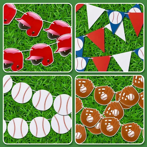 Vista 4 de Tatuo 6 carteles de béisbol para fiestas, guirnalda de papel de béisbol, banderines para decoración de fiestas de cumpleaños temáticas deportivas