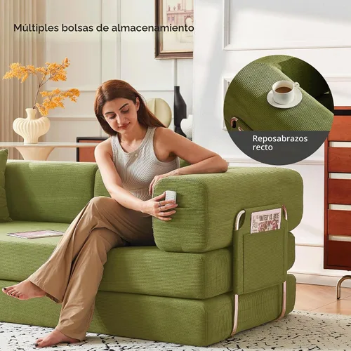 Vista 3 de Sofá cama convertible de 79 pulgadas con almohadas, sofá cama plegable de pana con marco de forma fija, sofá deshuesado para sala de estar