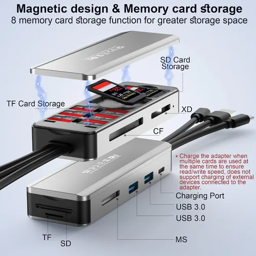 Vista 2 de Adaptador de lector de tarjetas SD 8 en 1 de aluminio con caja de transporte de almacenamiento de tarjetas SD/TF/CF/MS/XD/Cfast/Memory Stick Pro Duo