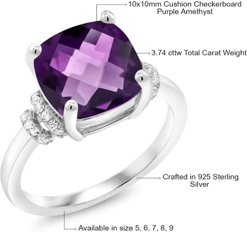 Vista 5 de Gem Stone King Anillo de compromiso de plata de ley 925 con amatista morada para mujer