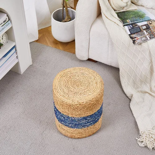 Vista 6 de Wimarsbon 2 puf otomanos, taburete de hierba marina natural, otomana redonda tejida a mano, asiento decorativo bohemio, puf trenzado de yute