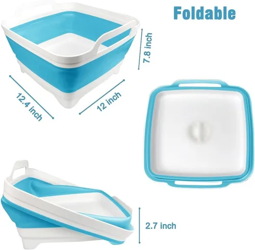 Vista 2 de ddLUCK Lavaplatos plegable con tapón de drenaje con asas de transporte para gran capacidad de 9 L, lavabo, tina plegable para fregadero de caravana
