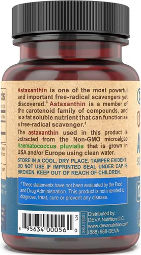 Vista 4 de DEVA Nutrición Vitaminas Astaxantina 12 mg, Vegano, Hecho de Microalgas Haematococcus Pluvialis, 30 cápsulas, 1 paquete