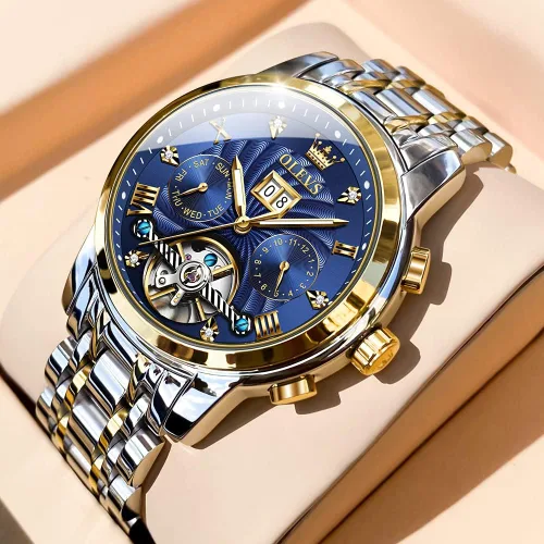 Vista 6 de OLEVS - Reloj automático para hombre con diseño de esqueleto de 5 manecillas clásico de lujo multicalendario de acero inoxidable impermeable