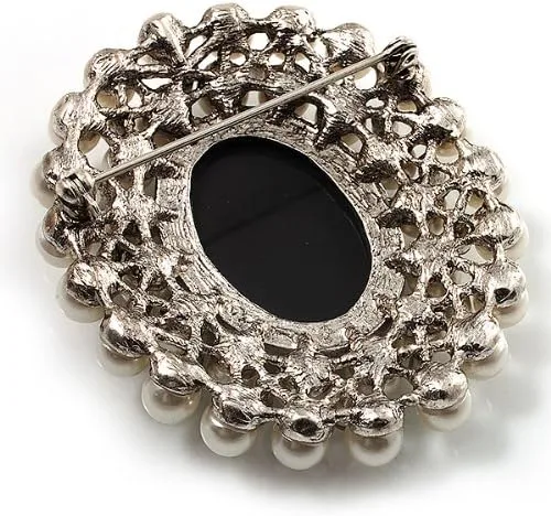 Vista 5 de Broche de camafeo de cristal de perlas simuladas (tono plateado), Perla de imitación Cristal Cameo Perla sintética Cristal, Sin gemas.