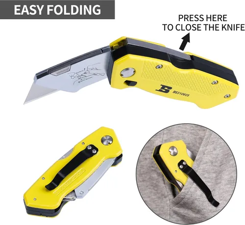 Vista 3 de Cuchillo utilitario plegable, cortador de caja retráctil, plegable, resistente, cambio rápido con 5 cuchillas adicionales