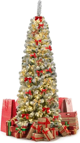 Vista 27 de GOFLAME Árbol de Navidad Artificial Preiluminado de 6 Pies, Árbol de Navidad Delgado con Cobertura de Nieve y Forma de Lápiz con Luces LED
