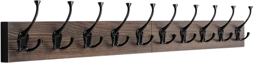 Vista 10 de IBosins Perchero de pared de 34'' con 10 ganchos tri-decorativos, colgador de abrigos de madera resistente, barra de ganchos rústicos para entrada