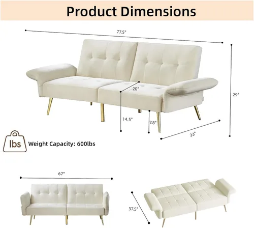 Vista 2 de Anwick Sofá cama futón convertible de terciopelo de espuma viscoelástica, sofá cama moderno de dos plazas con respaldo y reposabrazos ajustables