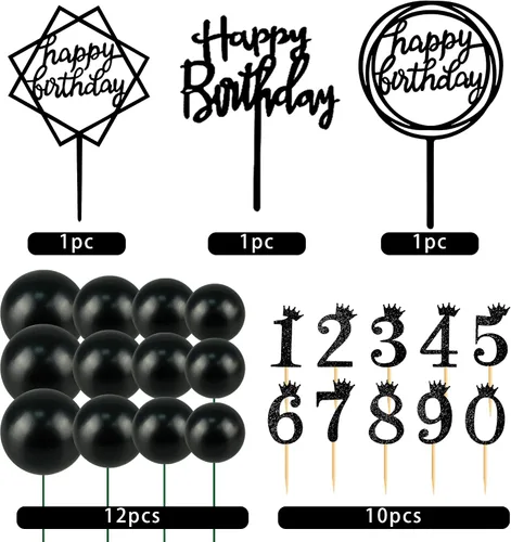 Vista 3 de Juego de 25 adornos de acrílico para pastel de cumpleaños, números 0-9, decoración de pastel en forma de bola (negro)