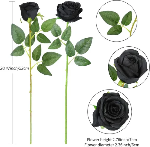 Vista 5 de Hawesome - Ramo de 12 rosas artificiales de seda con tallo largo para decoración del hogar, boda, fiesta (Negro-1)