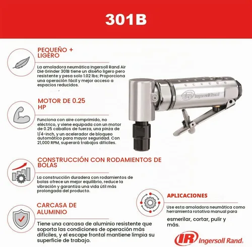 Vista 12 de Ingersoll Rand 301B Amoladora neumática con troquel - 1/4 pulgadas, ángulo recto, 21,000 RPM, construcción de rodamiento de bolas, bloqueo