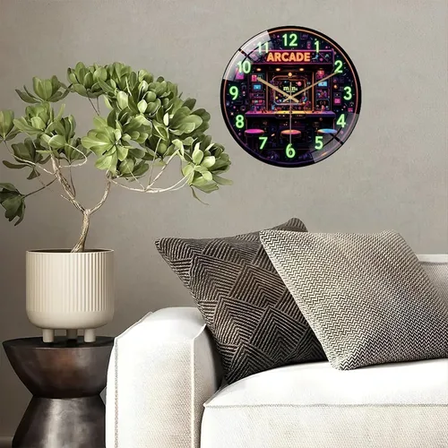 Vista 5 de 12-Inch Silent Tempered Glass Wall Clock, Retro Mini Arcade Clock Neon Art(1) ” Silent Non-Ticking Clock, Battery Operated