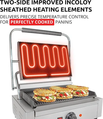 Vista 3 de ALDKitchen Panini Sandwich Press Grill Durable Stainless Steel Construction 110V (Ribbed 9" x 14")