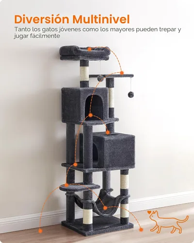 Vista 3 de Feandrea Cat Tree, 59.5-Inch Tall Cat Tower, Multi-Level Condo, Smoky Gray Gris ahumado (Smoky Gray)