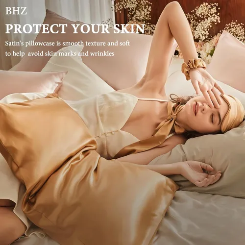 Vista 3 de BHZ Almohada estándar de plumas de ganso con funda de almohada de satén, almohada de cama de lujo de la colección de hotel para dormir, soporte