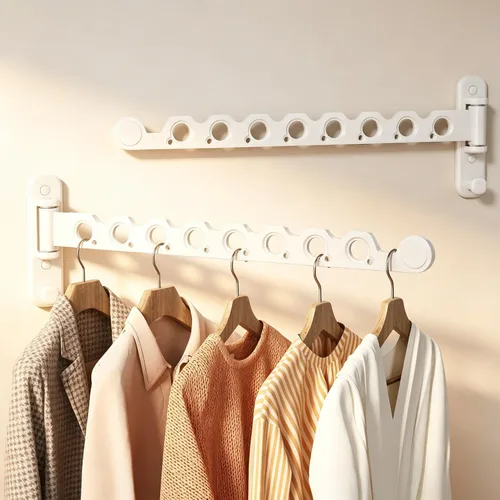 Vista 7 de Estante de Secado de Ropa, Tendedero de Ropa Retráctil y Plegable para Montaje en Pared para Interior, Estante de Colgar Ropa Ahorrador de Espacio