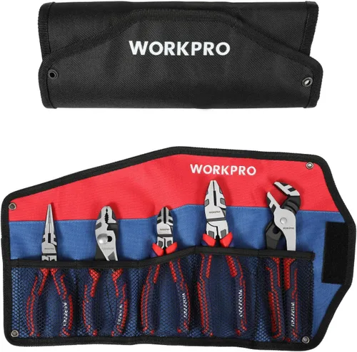 Vista 8 de WORKPRO Juego de alicates de 5 piezas con bolsa de almacenamiento, nariz larga de 7 pulgadas, diagonal de 6 pulgadas, junta de ranura de 8 pulgadas