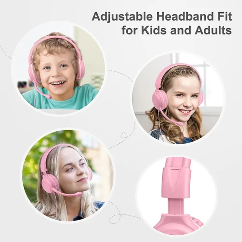 Vista 4 de SIMOLIO Audífonos para niños con micrófono para la escuela, auriculares con cable de 75/85/94 dB con micrófono retráctil para iPad, PC, laptop