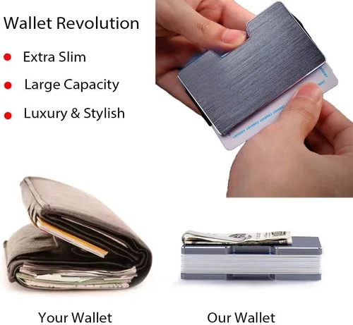 Vista 2 de Cartera minimalista de bloqueo RFID con bolsillo completo de metal Tarjetero de bolsillo Cartera de protección NFC, delgada para hombre, Gris