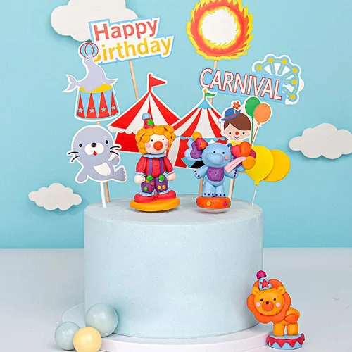 Vista 2 de Juego de 15 adornos para tartas de circo, decoración de cupcakes con temática de carnaval de circo, payaso, elefante, figuras de león, decoración