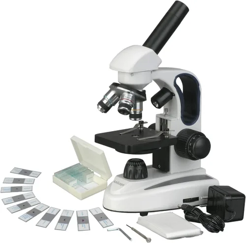 Vista 11 de AmScope Microscopio monocular compuesto inalámbrico digital M158C-2L-E, oculares WF10x y WF25x, aumento de 40x-1000x, iluminación LED superior e