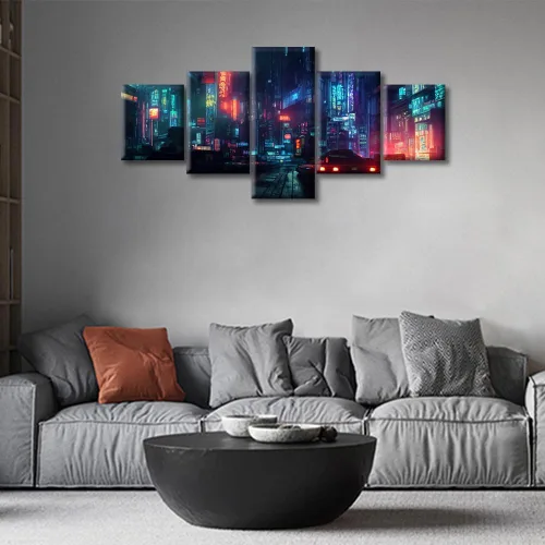 Vista 372 de Cuadros de 5 paneles de Cyberpunk City, arte de pared, representación de vallas publicitarias, edificios modernos en la capital con obras de arte
