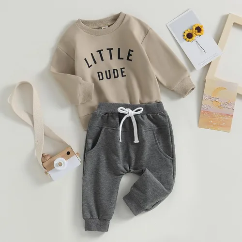 Vista 34 de Conjunto de 2 piezas de sudadera con estampado de letras y cuello redondo para bebé niño