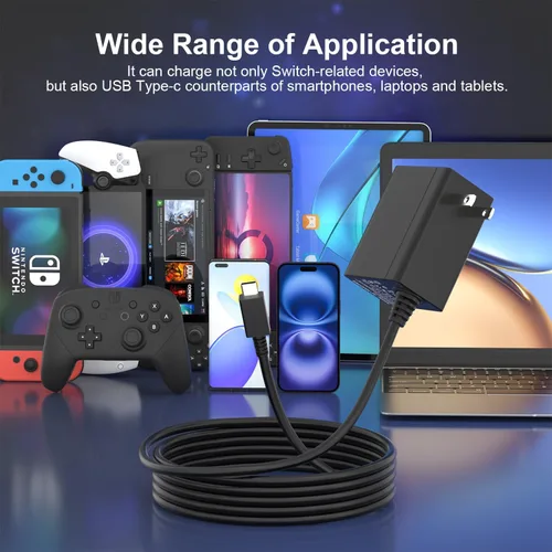 Vista 6 de Iesooy Adaptador de CA de 45 W, carga rápida de 15 V2.6 A con cable USB-C de 5 pies, compatible con Switch Lite, Switch OLED, Steam Deck