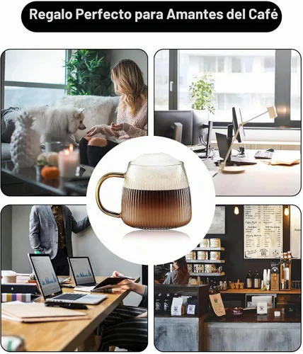 Vista 7 de Juego de 2 tazas de café de cristal únicas de alta calidad con elegante patrón de rayas verticales, mango amarillo claro (transparente)