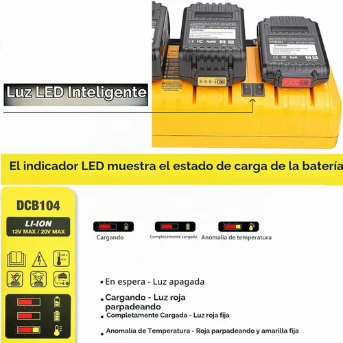 Vista 4 de Cargador rápido de 4 puertos de repuesto para Dewalt 12v/20v Max 20v/60v Multi cargador de batería, cargador de batería DCB104
