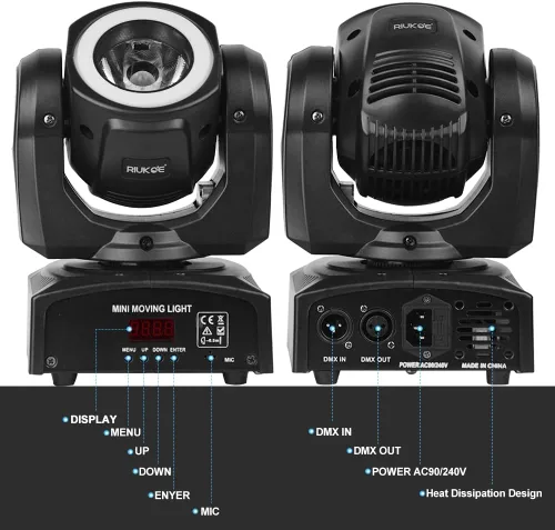 Vista 5 de Luces de DJ de cabeza móvil, luz de escenario RIUKOE Halo Beam luz LED cabeza móvil 60 W DMX sonido para clubes, espectáculos musicales, fiesta