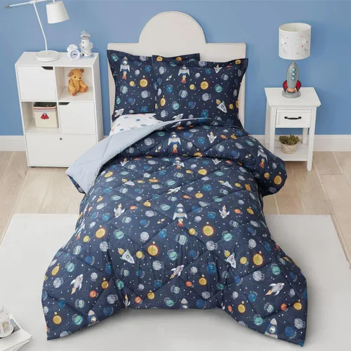 Vista 17 de PPOLCA Juego de edredón de dinosaurio azul tamaño individual para niños, ropa de cama de 5 piezas con sábanas y funda de almohada, súper suave
