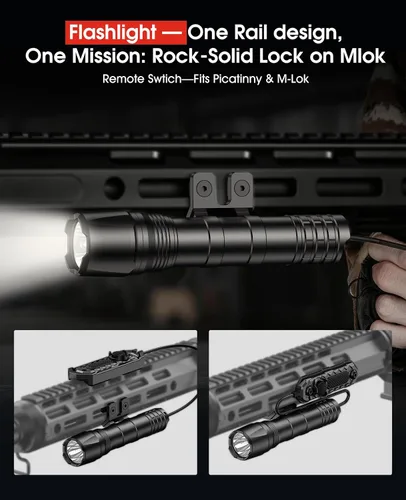 Vista 9 de EZshoot linterna táctica de 1800 lúmenes para rifle con interruptor de presión remoto compatible con M-Rail, linterna recargable impermeable IPX7