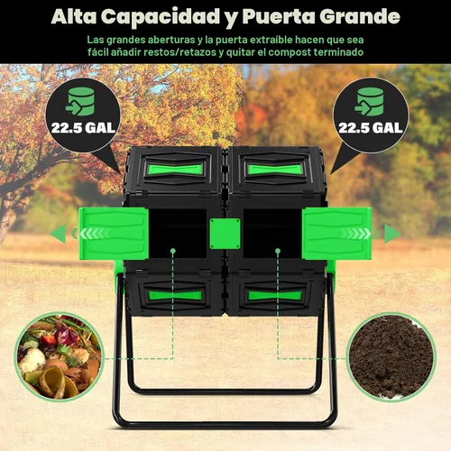 Vista 3 de Vaso de compost, fácil de montar y eficiente, contenedor de compost para exteriores, 45 galones/170 litros, compostador giratorio de doble cámara