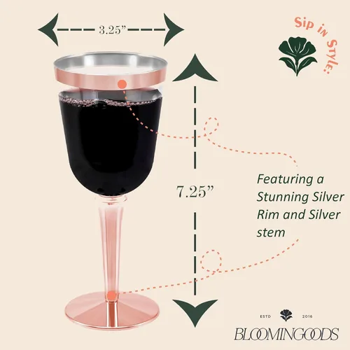 Vista 3 de 50 copas de vino desechables de plástico con borde de oro rosa, tamaño grande, 9.98 oz. BloominGoods - Vasos para bodas y eventos