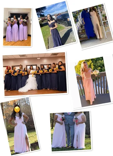 Vista 5 de Vestidos de dama de honor con hombros descubiertos para mujer, vestidos largos plisados de gasa formales