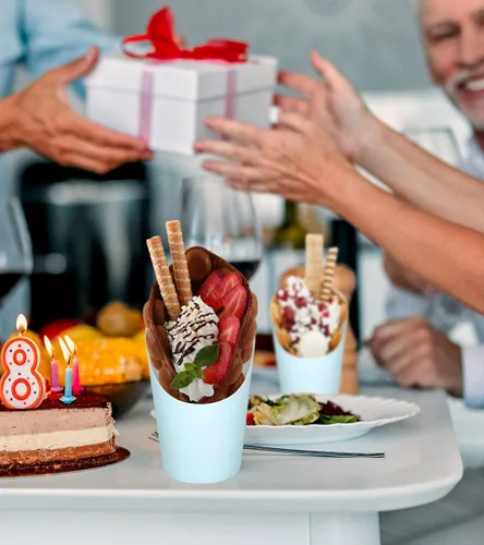 Vista 5 de Whaline 50 tazas de charcutería azules con bolsas de palitos, lazos giratorios, 14 onzas, desechables, para aperitivos, papas fritas para el hogar